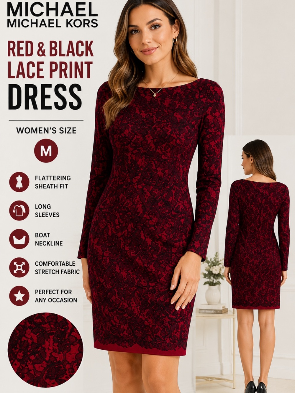 Michael Kors Red & Black Lace-Print Long Sleeve Sheath Dress